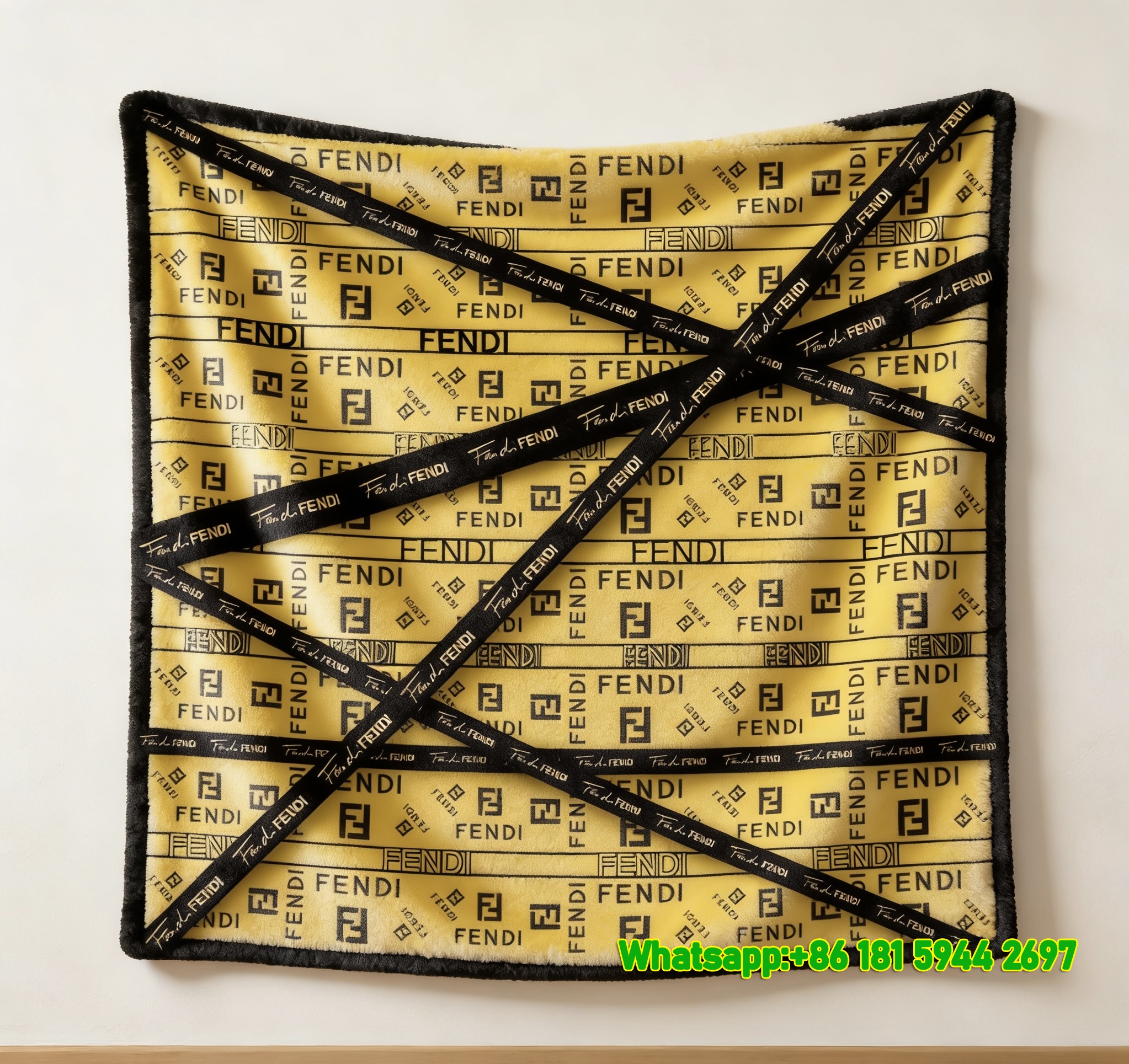 Fendi Yellow FF Monogram Cross Stripe Flannel Throw Blanket IMG_9592